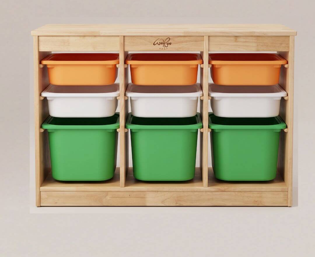 9-bin storage unit for school and home. Designed to be compatible with IKEA trofast trays.
