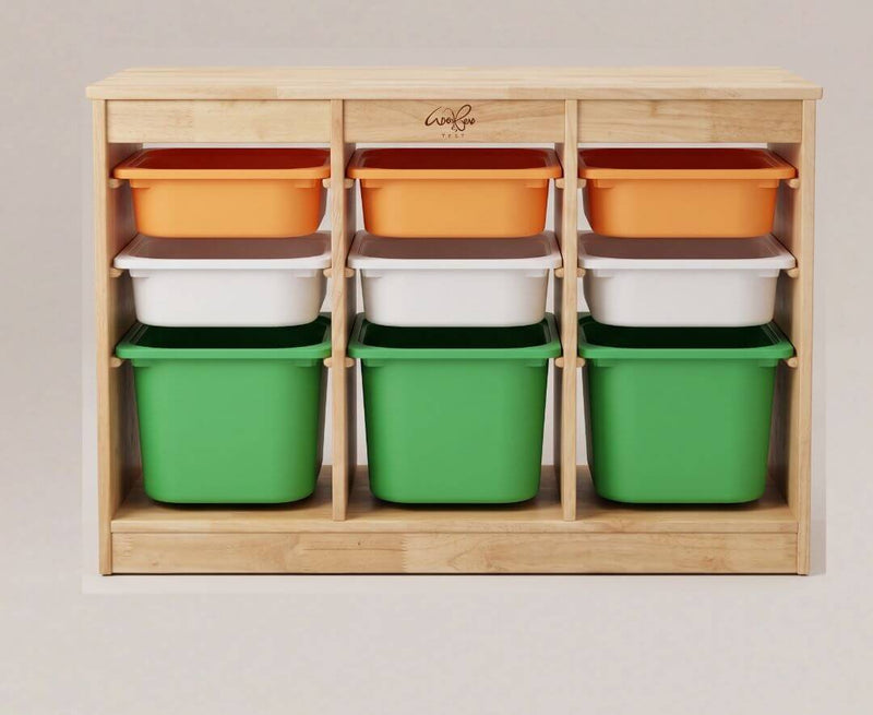 9-bin storage unit for school and home. Designed to be compatible with IKEA trofast trays.
