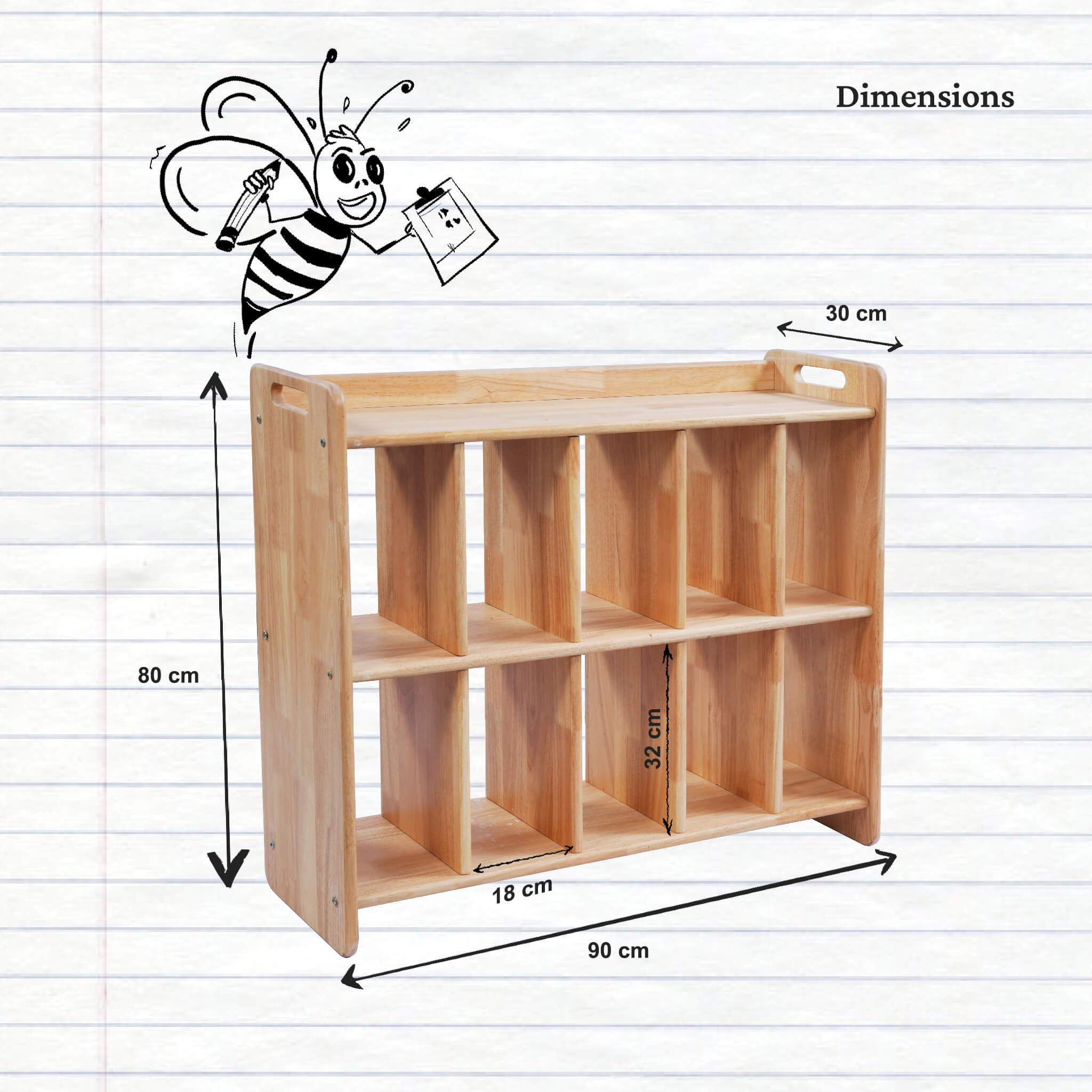 WoodBee Wooden Bag Shelf with open-backed slats for ventilation, storing Montessori and preschool bags.

