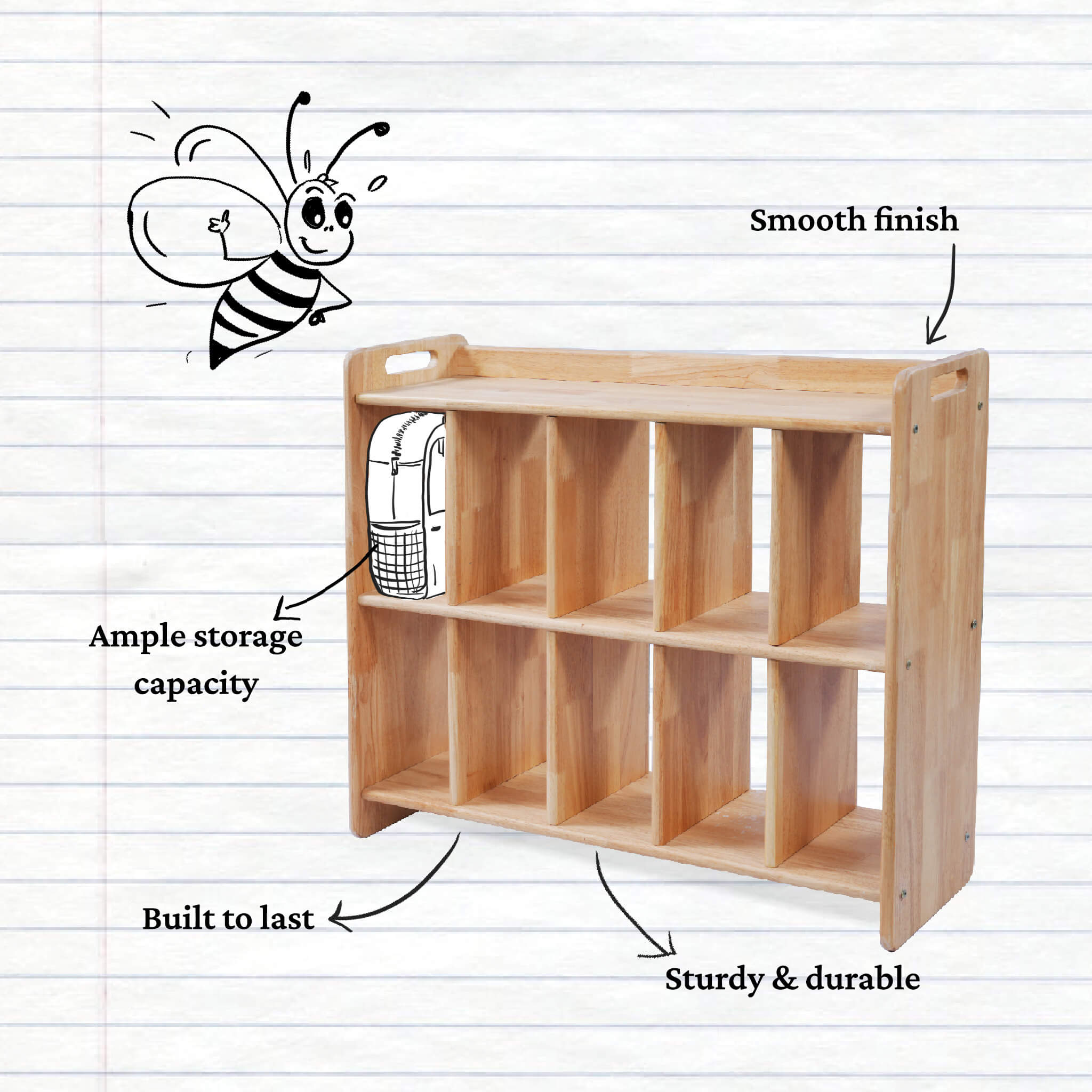 Child-friendly wooden bag rack with compartments for preschool and pre-K classrooms.
