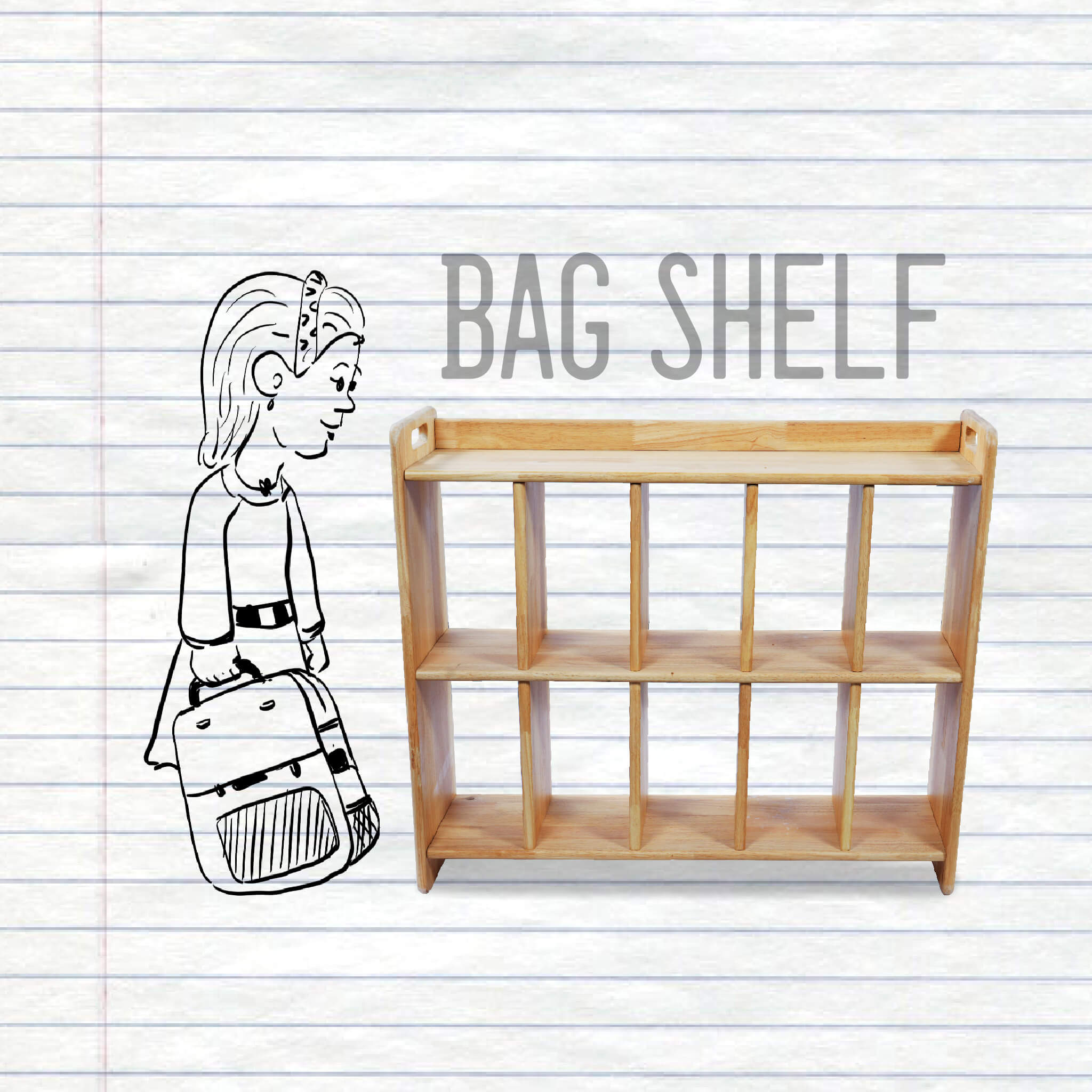 Wooden Bag Shelf for preschools and Montessori classrooms storing preschool backpacks and bookbags.
