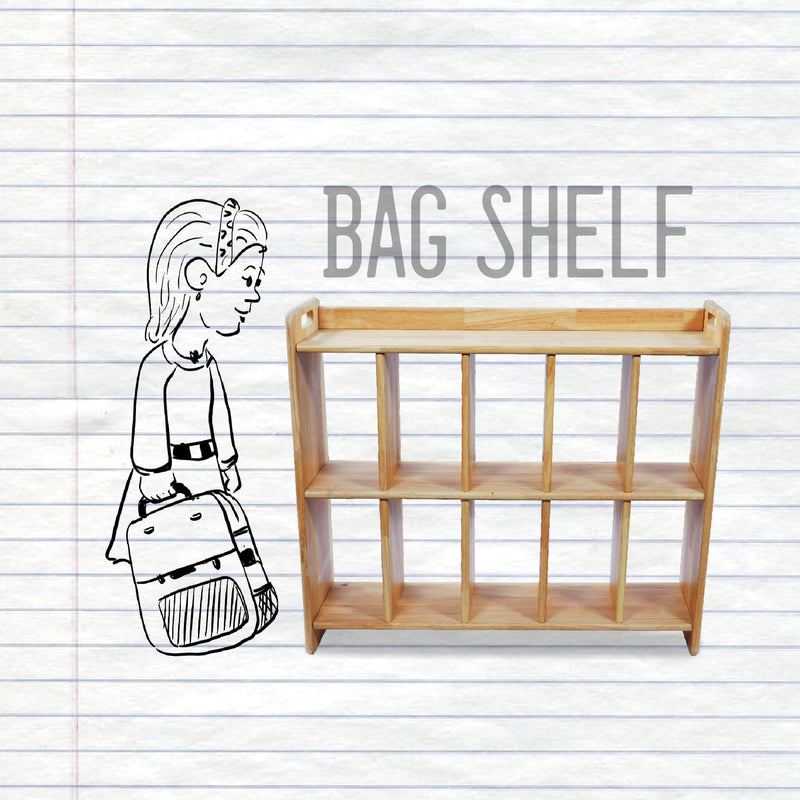 Wooden Bag Shelf for preschools and Montessori classrooms storing preschool backpacks and bookbags.

