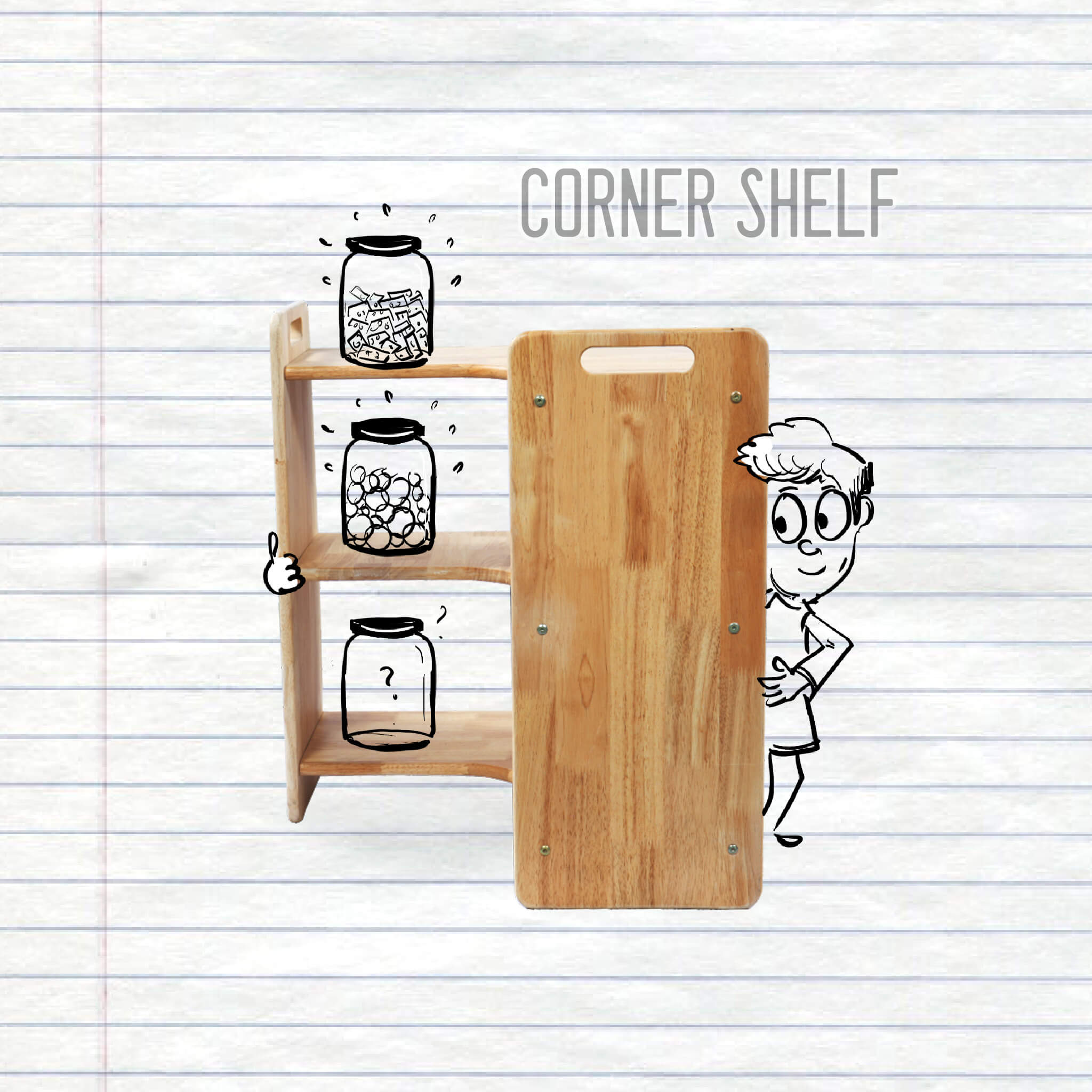 Wooden school furniture - corner shelf , book shelf, shoe rack, Lunch bag rack.