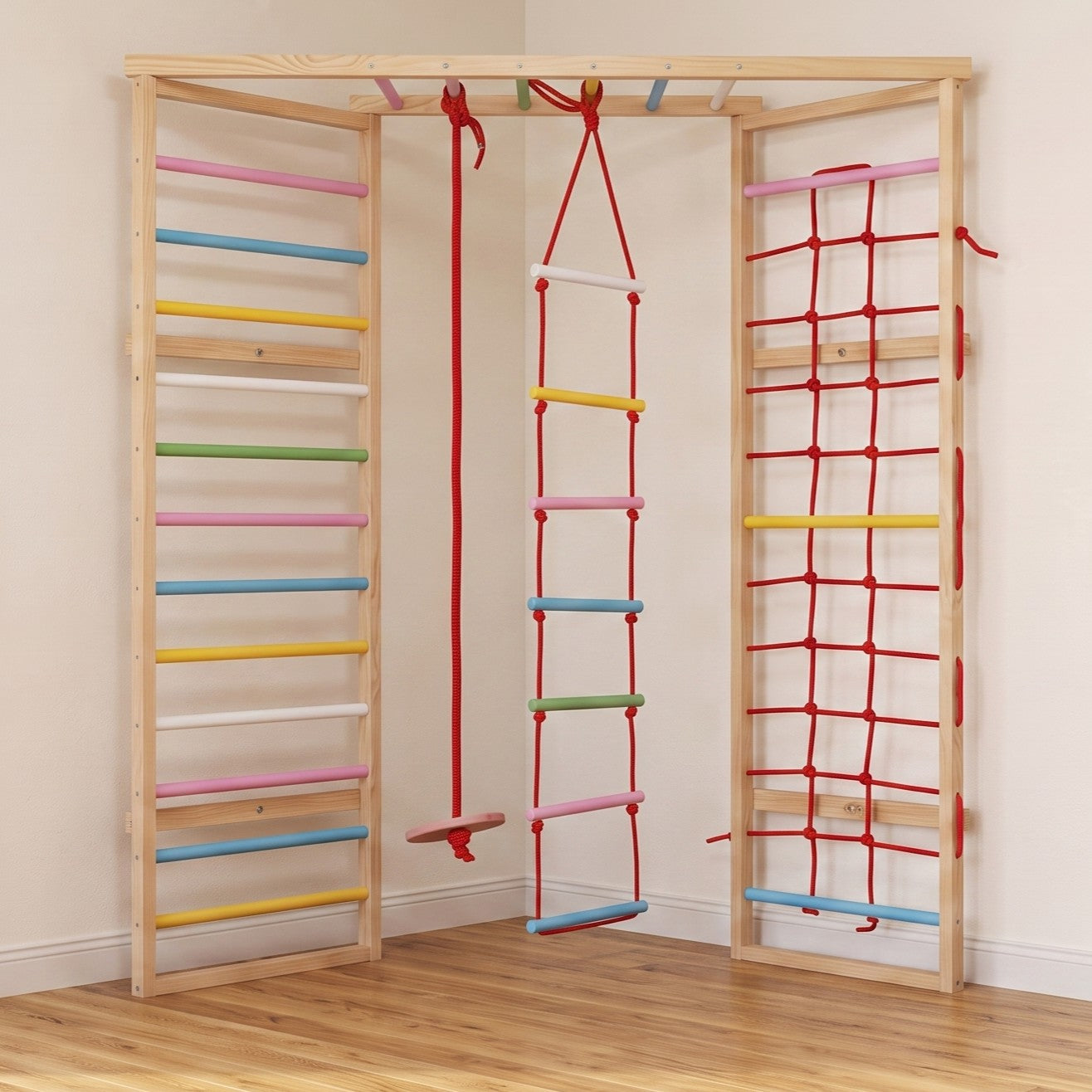 WoodBee Corner Jungle Gym for kids - wooden indoor jungle gym that turns an empty room corner into an active play space, with a Swedish ladder with colourful rungs, red rope net climber, overhead monkey bar, climbing rope with disc swing and rope ladder