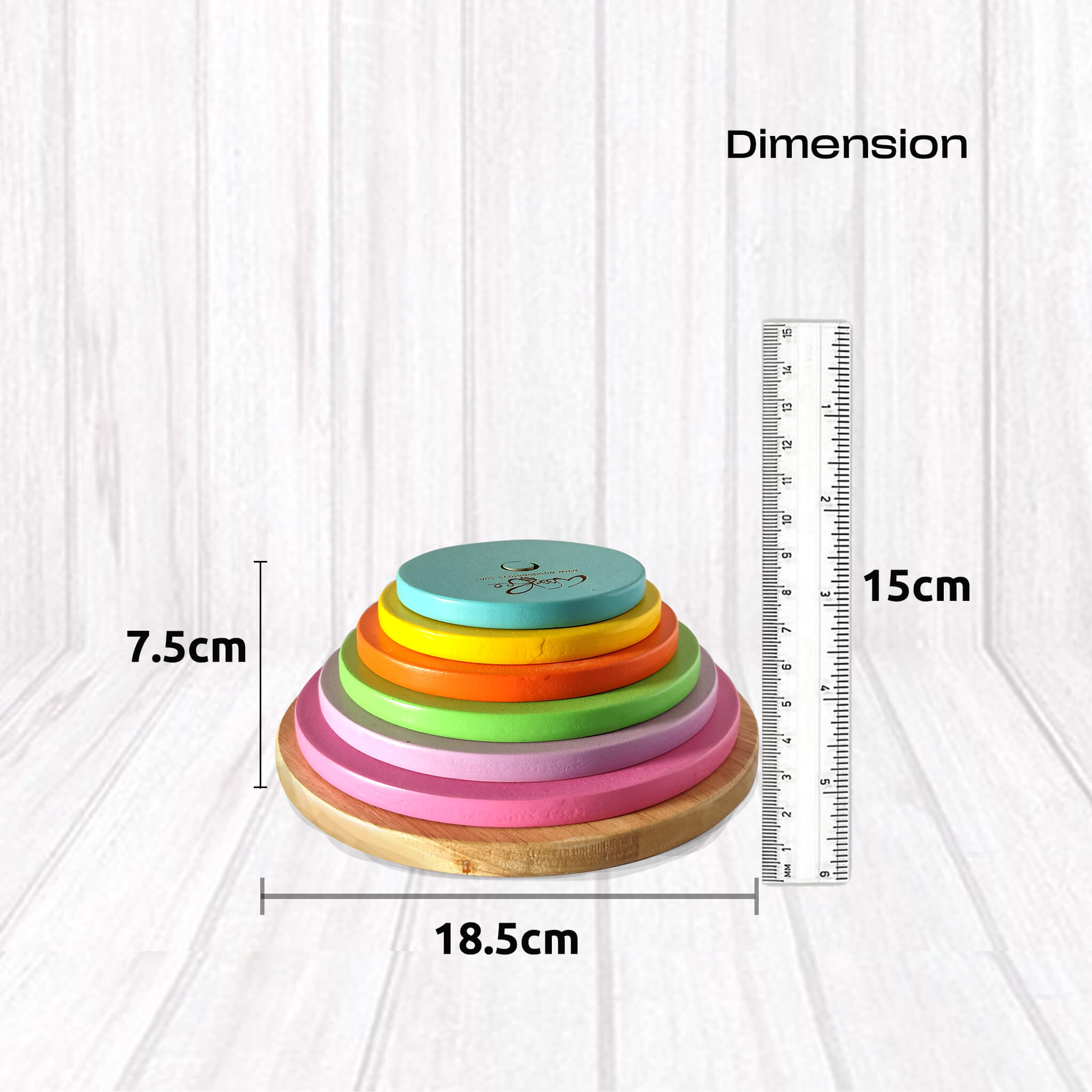 6 pc Wooden Disc Stacker dimension reference