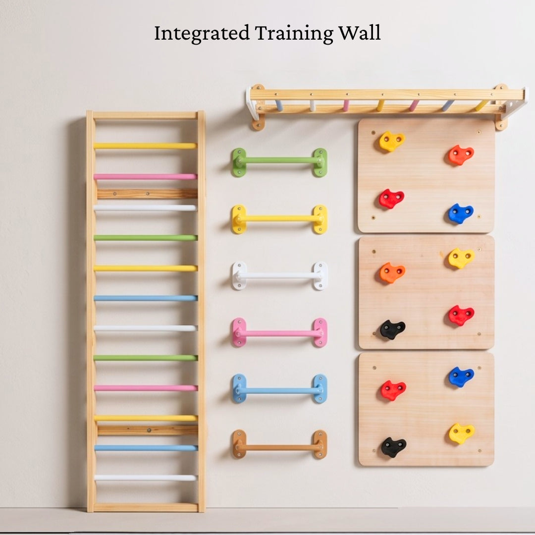 WoodBee Modular Jungle Gym Integrated Training Wall - indoor climbing wall for kids with wall mounted wooden ladder, monkey bar, 6 colourful climbing bars and 3 wooden rock climbing panels