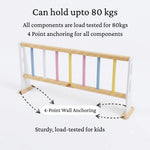 WoodBee Integrated Training Wall can hold upto 80 kgs. All components are load tested for 80 kgs. 4-point wall anchoring for all components. Sturdy, load-tested for kids
