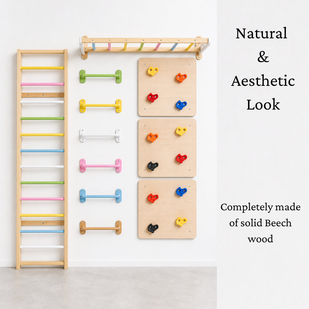 WoodBee Integrated Training Wall - Natural & Aesthetic Look. Pine wood frames with solid beech wood rods, wooden indoor climbing wall for kids