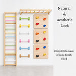 WoodBee Integrated Training Wall - Natural & Aesthetic Look. Pine wood frames with solid beech wood rods, wooden indoor climbing wall for kids