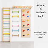 WoodBee Integrated Training Wall - Natural & Aesthetic Look. Pine wood frames with solid beech wood rods, wooden indoor climbing wall for kids