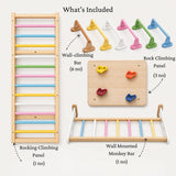 What's Included in the WoodBee Integrated Training Wall: Wall Mounted Wooden Ladder (1 no), Wall-climbing Bar (6 no), Wooden Rock Climbing Panel (3 no), Wall Mounted Monkey Bar (1 no)