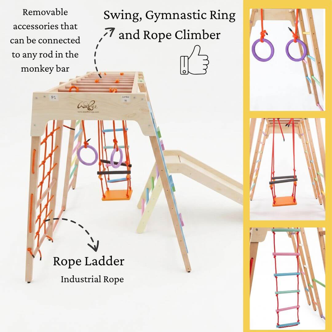 Jumbo Jungle Gym with three hanging accessories - gymnastic ring, rope climber and swing