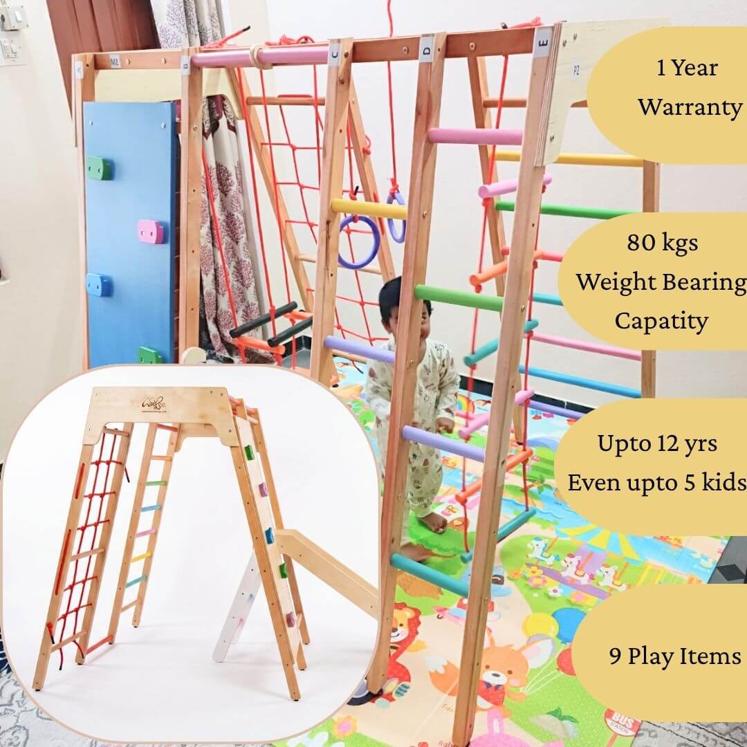 Jumbo Jungle Gym 1 year warranty, 80 kg weight bearing capacity, 5 kids and upto 12 years, and 9 play items