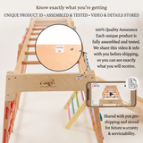 Jumbo Jungle Gym by WoodBee - Know exactly what you're getting. Unique product ID • Assembled & tested • Video & details stored. 100% Quality Assurance: Each unique product is fully assembled and tested. We share this video & info with you before shipping, so you can see exactly what you will receive. Shared with you pre-shipping and stored for future warranty & serviceability. Close-up of unique product ID tag 'Jumbo 95' and phone recording a video of the product.