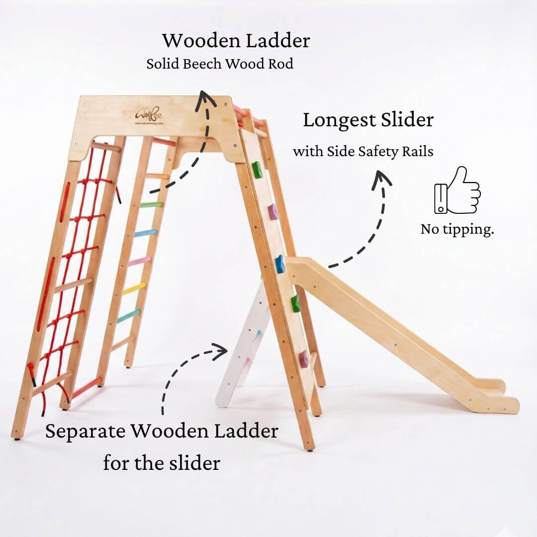 Jumbo Jungle Gym with longest wooden slider with side support and separate wooden ladder for slider.