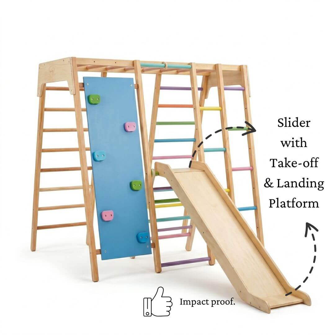 Jumbo Jungle Gym with slider takeoff and landing platform making it impact proof.