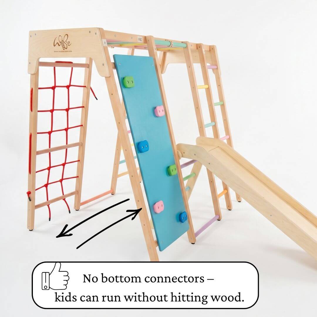 Jumbo Jungle Gym with no bottom wood connector providing uninterrupted play area for kids under the jungle gym