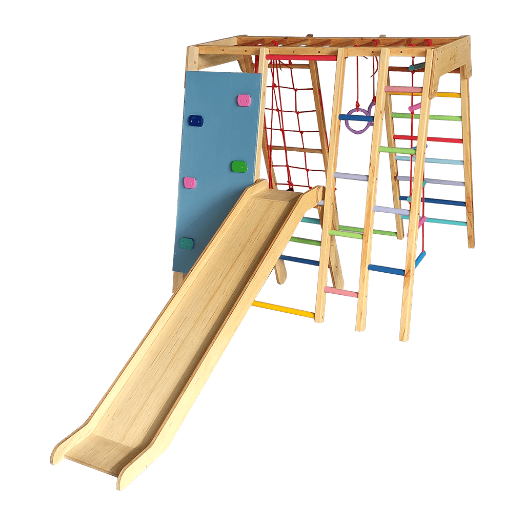 wooden jungle gym slide with safety side rails