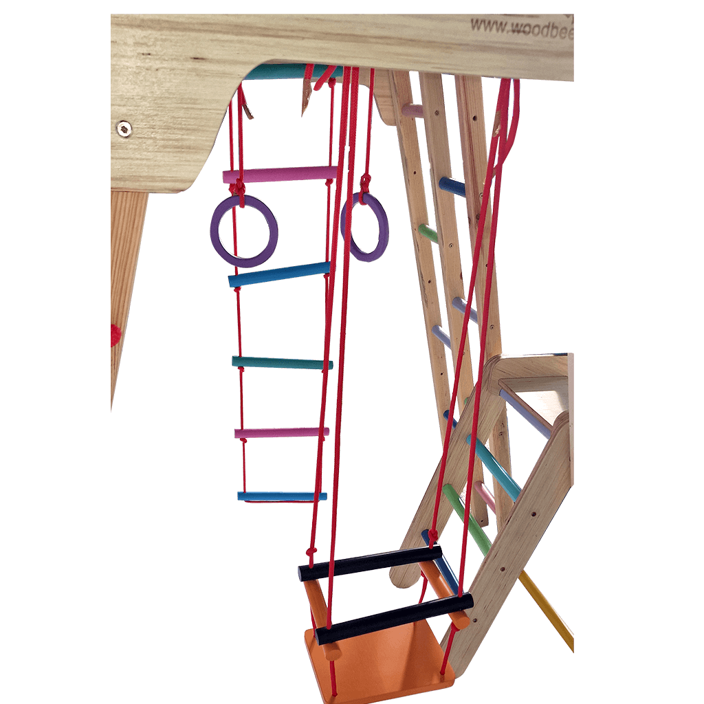 wooden jungle gym with 9 play items