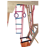 wooden jungle gym with 9 play items