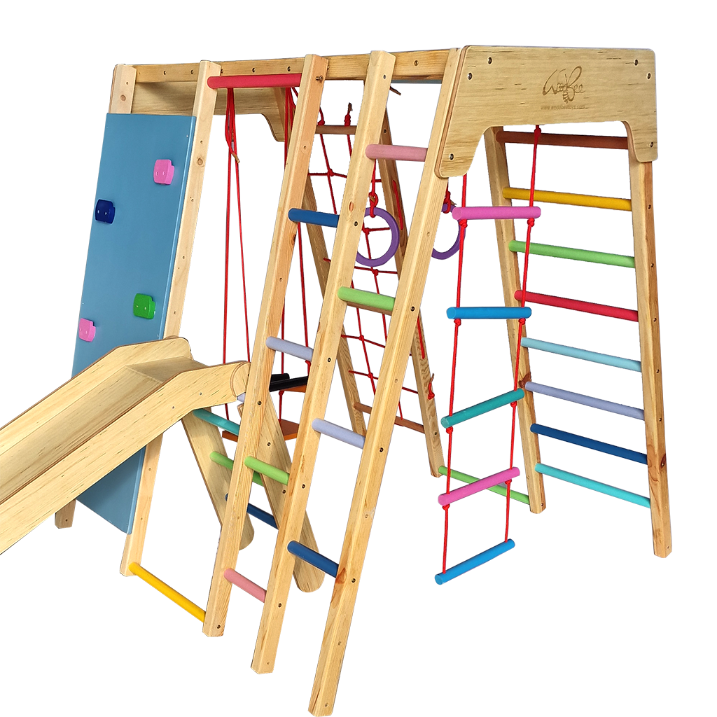 solid wood and birch plywood jungle gym with non-toxic paint