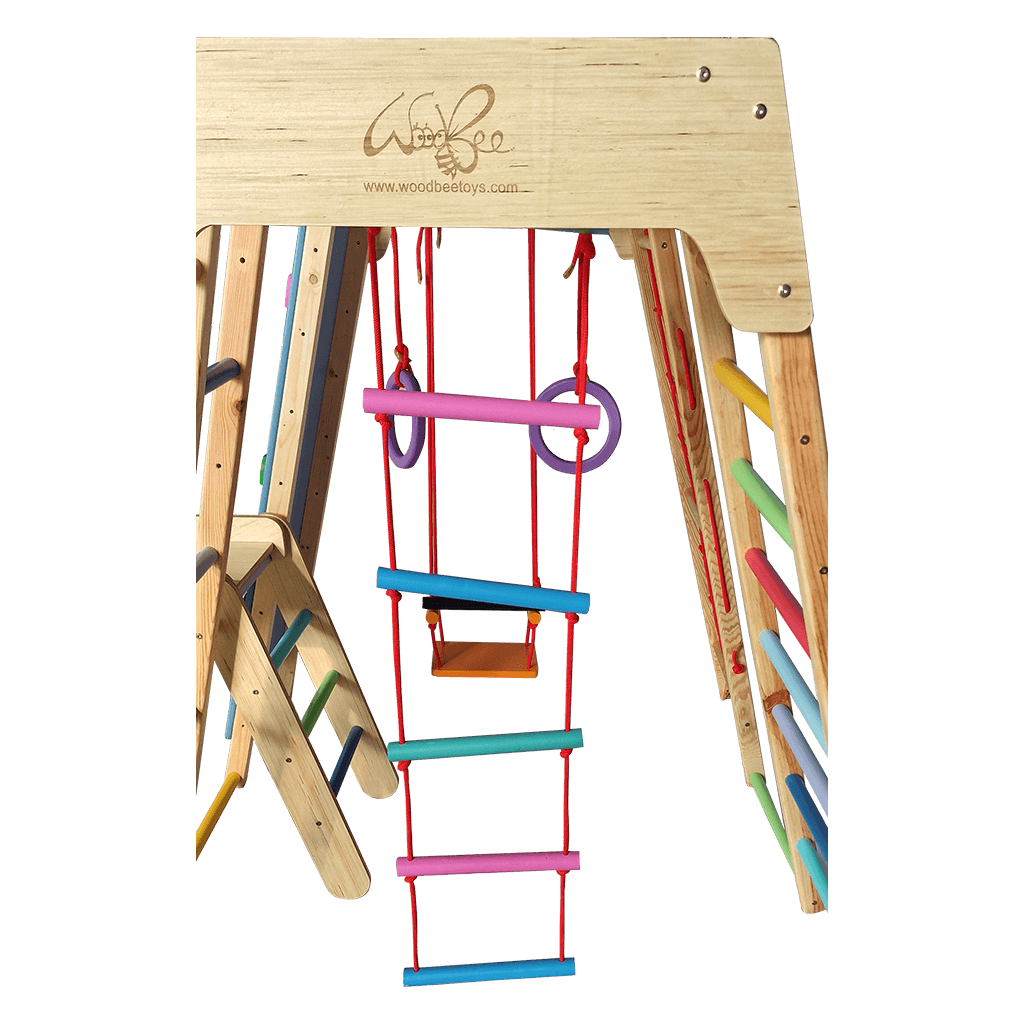 wooden jungle gym with swing, rope ladder having 9 play items