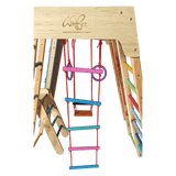 wooden jungle gym with swing, rope ladder having 9 play items