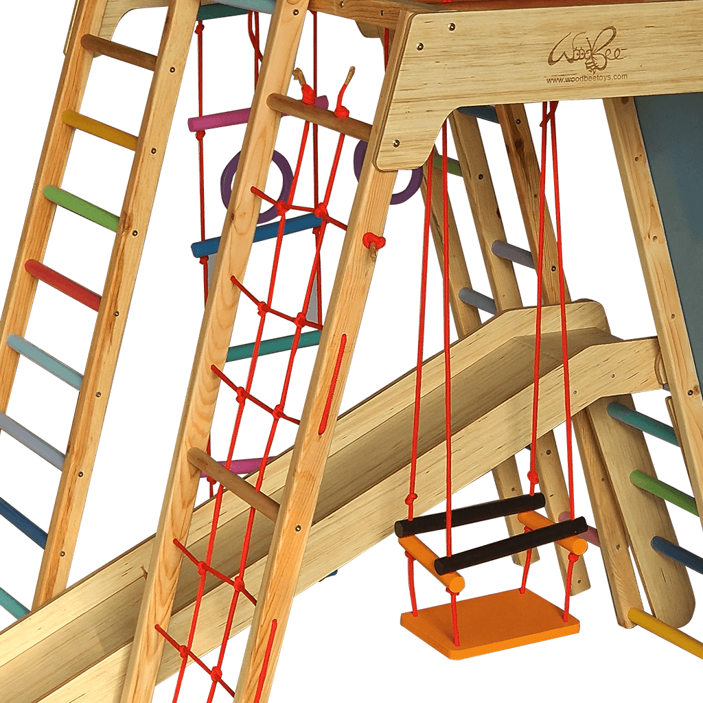 wooden jungle gym slide with safety side rails