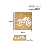 Motorcycle-shaped stencil with dimensions on a white background