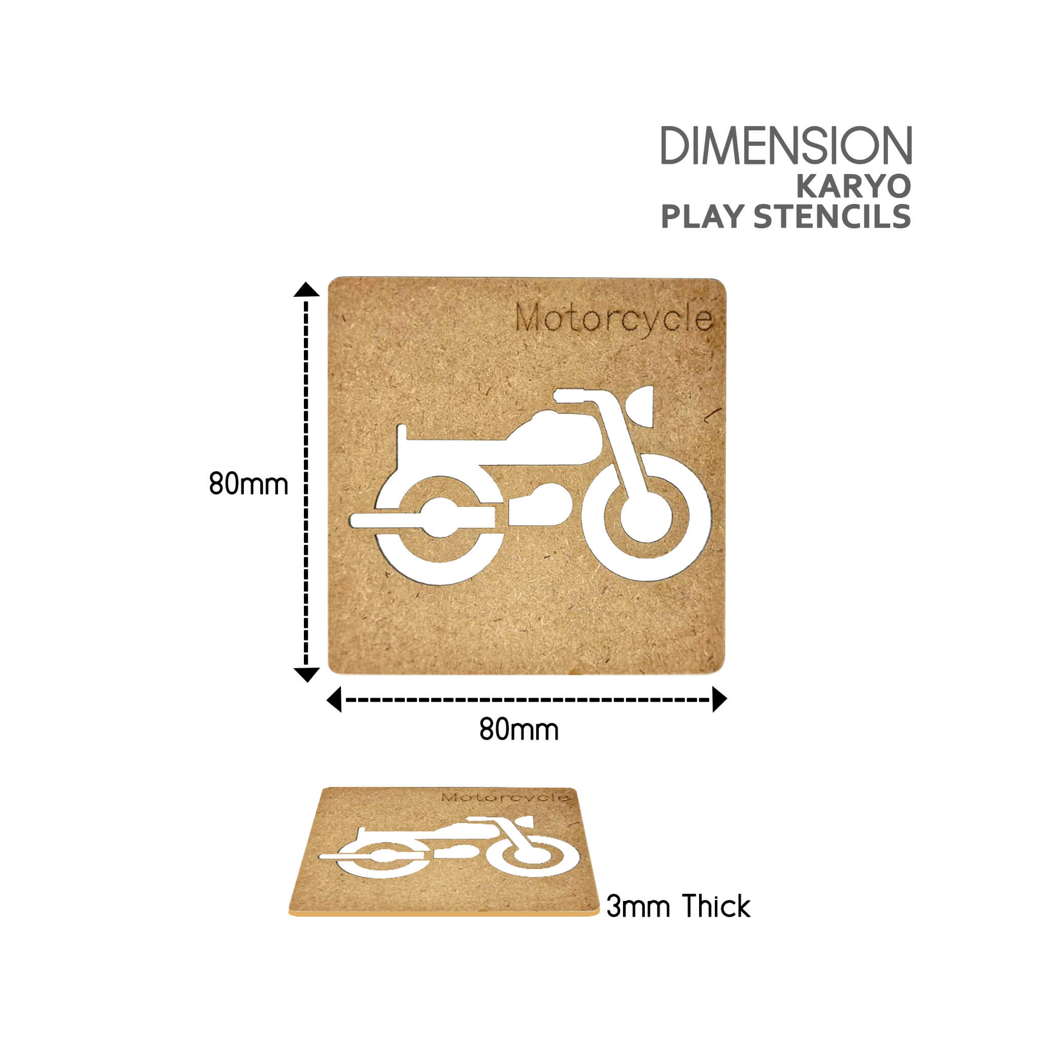 Motorcycle-shaped stencil with dimensions on a white background