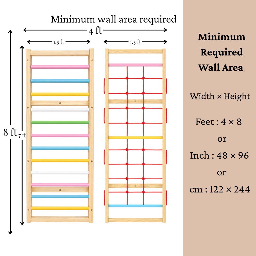 WoodBee Modular Jungle Gym Climber Duo minimum required wall area: 4 × 8 ft (48 × 96 inch, 122 × 244 cm). Wooden wall ladder and rope climber panel, each 1.5 ft wide and 7 ft tall