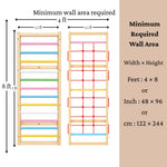 WoodBee Modular Jungle Gym Climber Duo minimum required wall area: 4 × 8 ft (48 × 96 inch, 122 × 244 cm). Wooden wall ladder and rope climber panel, each 1.5 ft wide and 7 ft tall
