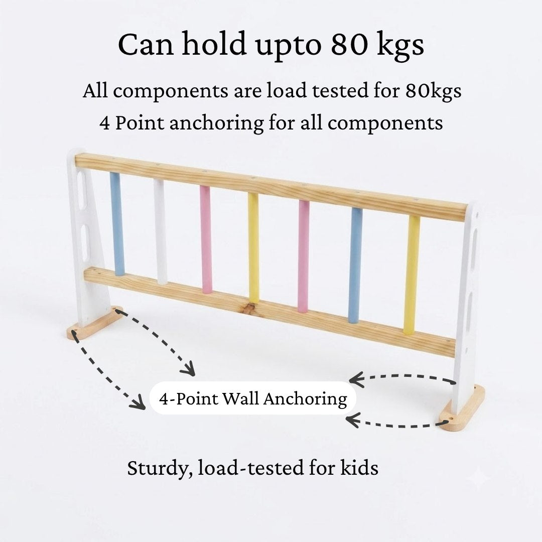 WoodBee wall mounted monkey bar can hold upto 80 kgs. All components are load tested for 80 kgs. 4-point wall anchoring. Sturdy, load-tested for kids