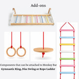 WoodBee Modular Jungle Gym Add-ons: components that can be attached to the Monkey Bar - Gymnastic Ring, Disc Swing or Rope Ladder