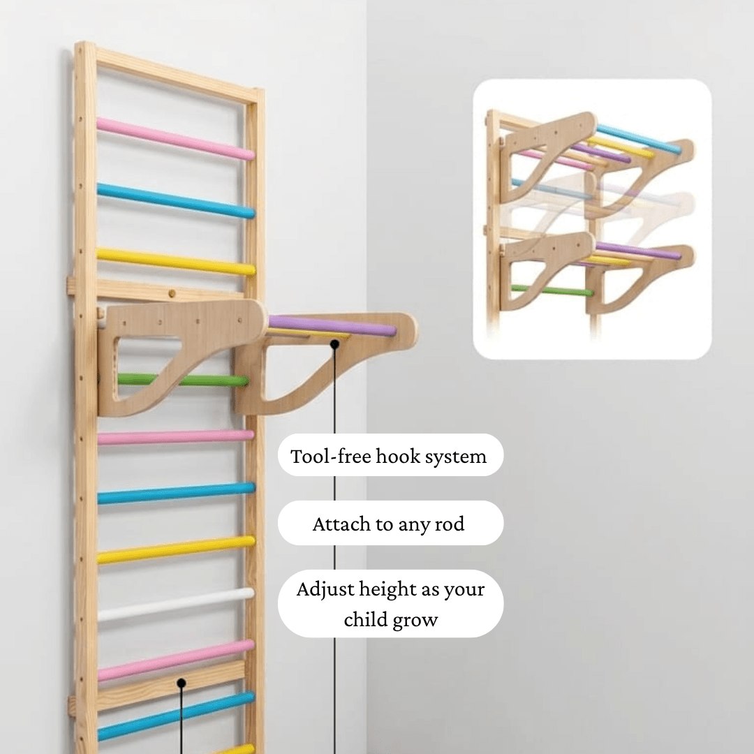 WoodBee Modular Jungle Gym Movable Monkey Bar on a wooden wall ladder - tool-free hook system, attach to any rod, adjust height as your child grows