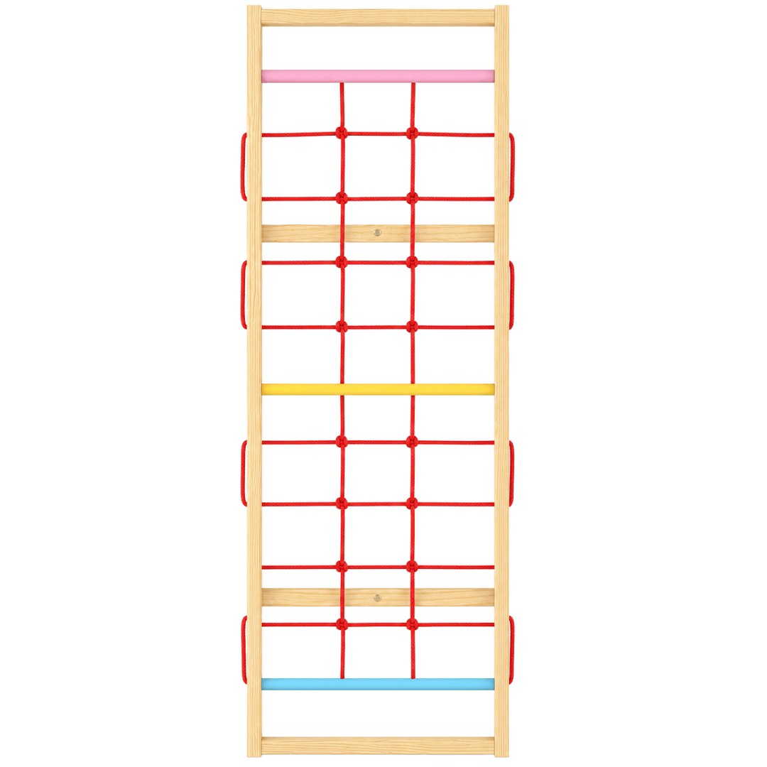 WoodBee Modular Jungle Gym Rope Climber Panel - wall-mounted wooden frame with red rope net climbing wall for kids