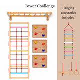 WoodBee Modular Jungle Gym Tower Challenge with rope climber panel, 3 rock climbing panels and monkey bar. Hanging accessories included: rope ladder, disc swing and gymnastic rings