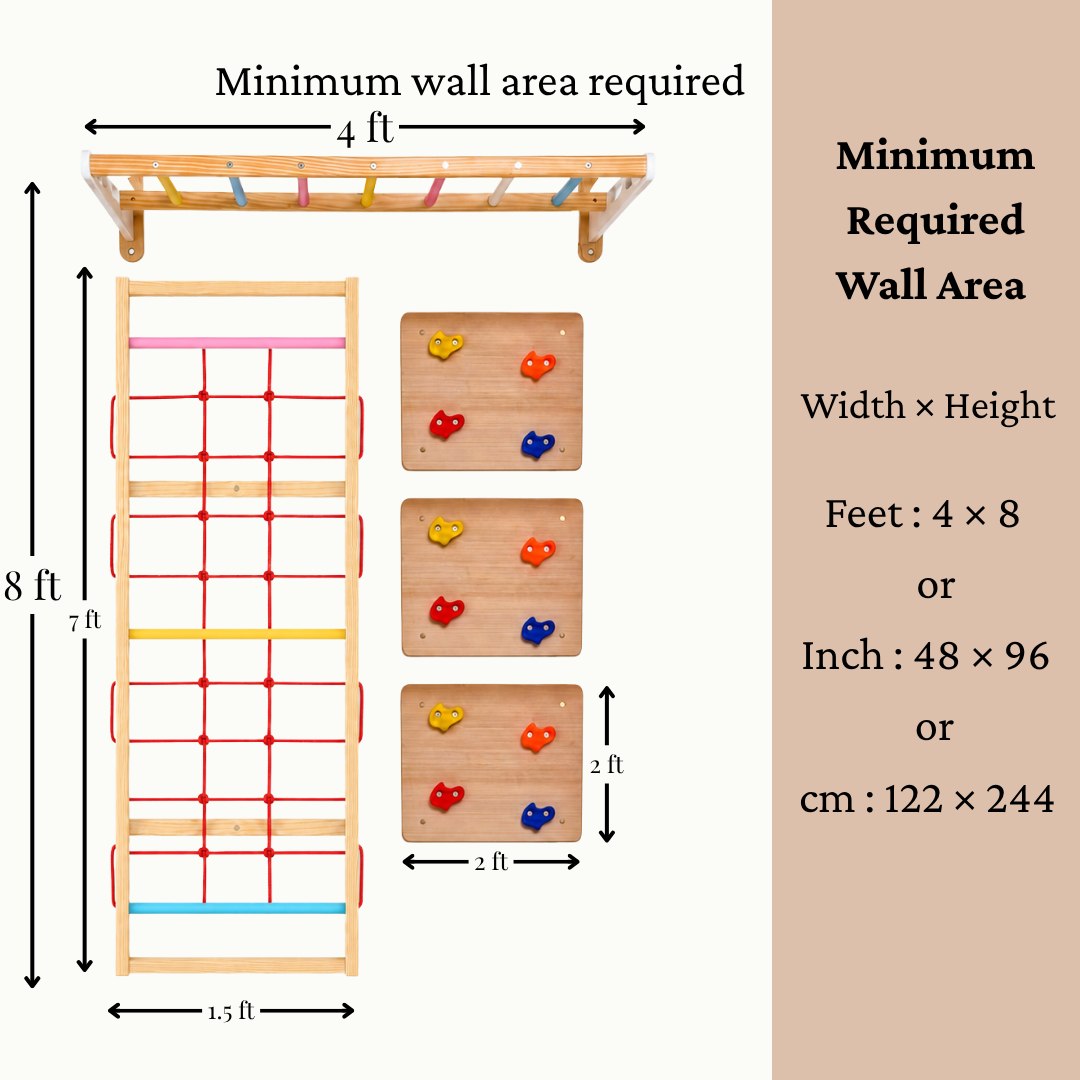 WoodBee Modular Jungle Gym Tower Challenge minimum required wall area: 4 × 8 ft (48 × 96 inch, 122 × 244 cm). 4 ft monkey bar, 7 ft rope climber 1.5 ft wide, wooden rock climbing panels 2 × 2 ft