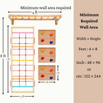 WoodBee Modular Jungle Gym Tower Challenge minimum required wall area: 4 × 8 ft (48 × 96 inch, 122 × 244 cm). 4 ft monkey bar, 7 ft rope climber 1.5 ft wide, wooden rock climbing panels 2 × 2 ft