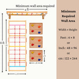 WoodBee Modular Jungle Gym Tower Challenge minimum required wall area: 4 × 8 ft (48 × 96 inch, 122 × 244 cm). 4 ft monkey bar, 7 ft rope climber 1.5 ft wide, wooden rock climbing panels 2 × 2 ft