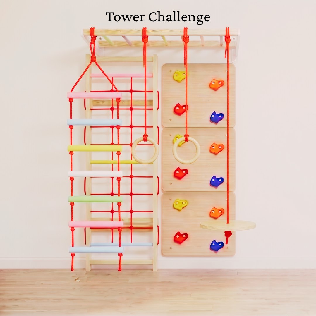 WoodBee Modular Jungle Gym Tower Challenge - space-saving indoor climbing wall for kids with rope climber net, 3 wooden rock climbing panels, monkey bar, rope ladder, gymnastic rings and disc swing