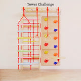 WoodBee Modular Jungle Gym Tower Challenge - space-saving indoor climbing wall for kids with rope climber net, 3 wooden rock climbing panels, monkey bar, rope ladder, gymnastic rings and disc swing