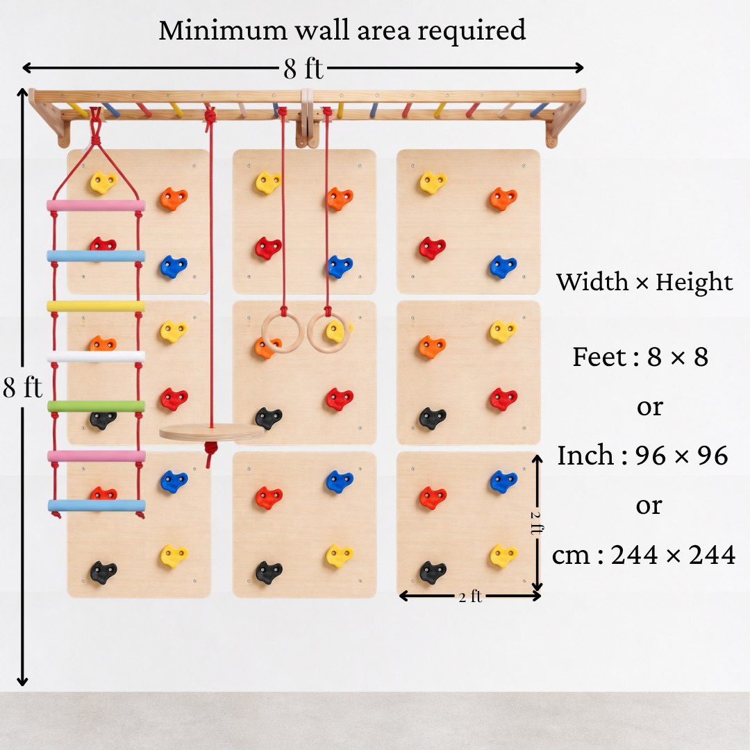WoodBee Modular Jungle Gym Ultimate 1 minimum wall area required: 8 × 8 ft (96 × 96 inch, 244 × 244 cm). Each wooden rock climbing panel is 2 × 2 ft