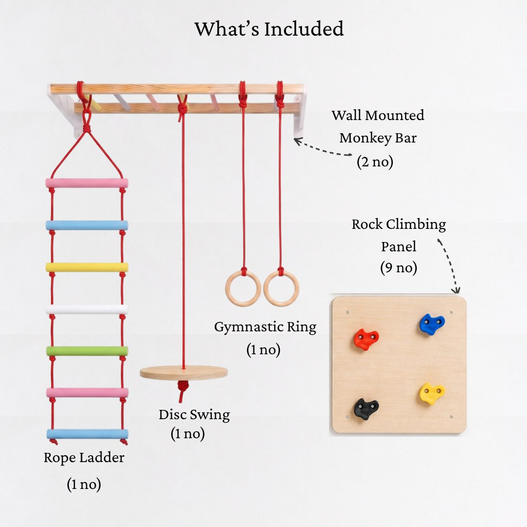 What's Included in the WoodBee Modular Jungle Gym Ultimate 1: Wall Mounted Monkey Bar (2 no), Wooden Rock Climbing Panel (9 no), Gymnastic Ring (1 no), Disc Swing (1 no), Rope Ladder (1 no)