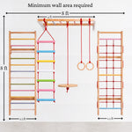 WoodBee Modular Jungle Gym Ultimate 2 minimum wall area required: 8 × 8 ft. Monkey bar 4 ft, wall mounted wooden ladder and rope climber 1.5 ft wide each