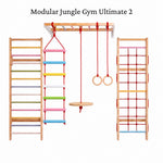 WoodBee Modular Jungle Gym Ultimate 2 - wall-mounted wooden jungle gym for kids with Swedish wall ladder, rope climber, monkey bar, rope ladder, gymnastic rings and disc swing