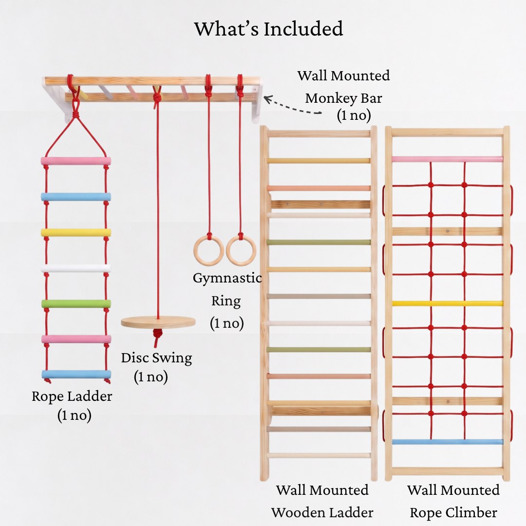 What's Included in the WoodBee Modular Jungle Gym Ultimate 2: Wall Mounted Monkey Bar (1 no), Rope Ladder (1 no), Disc Swing (1 no), Gymnastic Ring (1 no), Wall Mounted Wooden Ladder, Wall Mounted Rope Climber