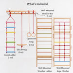 What's Included in the WoodBee Modular Jungle Gym Ultimate 2: Wall Mounted Monkey Bar (1 no), Rope Ladder (1 no), Disc Swing (1 no), Gymnastic Ring (1 no), Wall Mounted Wooden Ladder, Wall Mounted Rope Climber