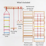 What's Included in the WoodBee Modular Jungle Gym Ultimate 2: Wall Mounted Monkey Bar (1 no), Rope Ladder (1 no), Disc Swing (1 no), Gymnastic Ring (1 no), Wall Mounted Wooden Ladder, Wall Mounted Rope Climber
