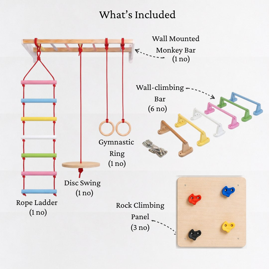 What's Included in the WoodBee Modular Jungle Gym Ultimate 3: Wall Mounted Monkey Bar (1 no), Wall-climbing Bar (6 no), Wooden Rock Climbing Panel (3 no), Rope Ladder (1 no), Disc Swing (1 no), Gymnastic Ring (1 no)